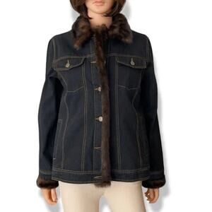 Dennis Basso Womens XS Denim Jean Jacket Faux Brown Mink Fur Coat